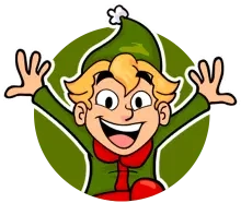 Un duende, sonriendo y con ambos brazos levantados.