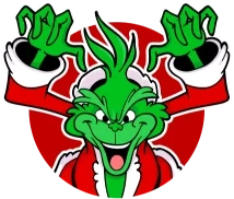 El Grinch vestido de Santa, con ambos brazos levantados.